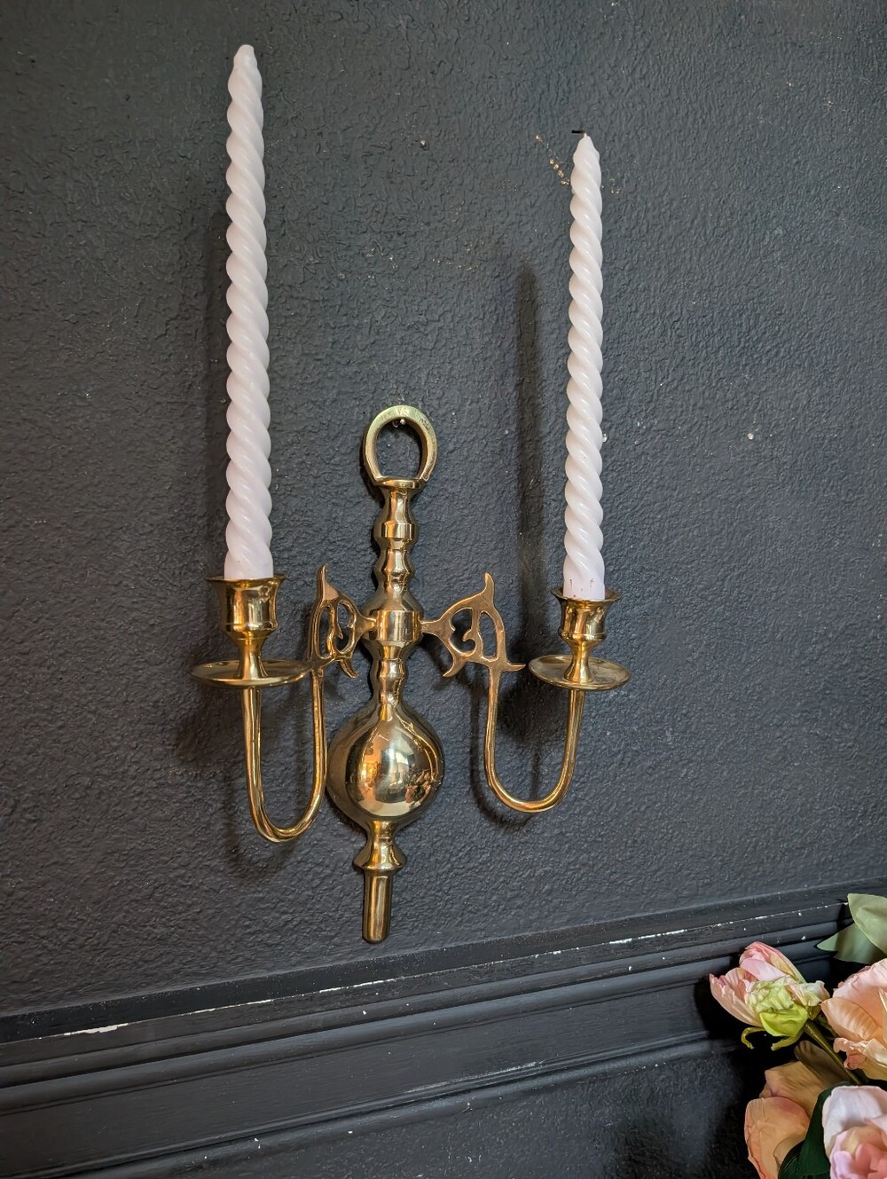 Vintage MCM  Solid Polished Brass Double Arm Candle Holders Wall Sconce 11.5"
